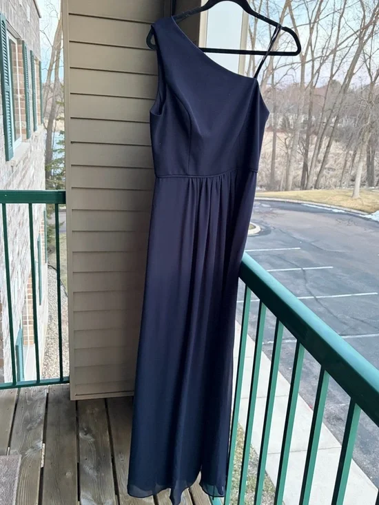 🆕🫐 Adrianna Papell Navy One Shoulder Maxi Dress Elegant Formal Gown Slit Size 8 - Picture 3 of 13